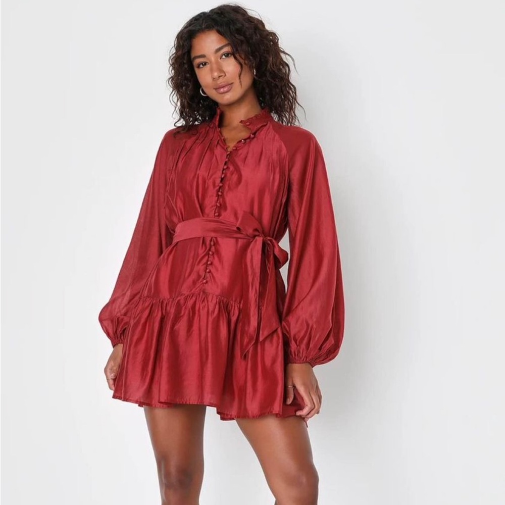 Meant to Charm Brick Red Balloon Sleeve Button-Front Mini Dress